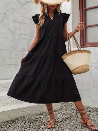 MODA ŞEHRİ Kadın Kısa Kollu V Yakalı Geniş Kesim Uzun Trikoton Elbise