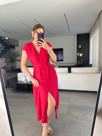 MODA ŞEHRİ Kadınn V Yaka Düğme Detay Kuşak Dahil Elbise