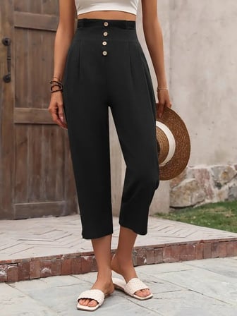 MODA ŞEHRİ Kadın Yüksek Belli önden Düğmeli Ithal Keten Pantolon