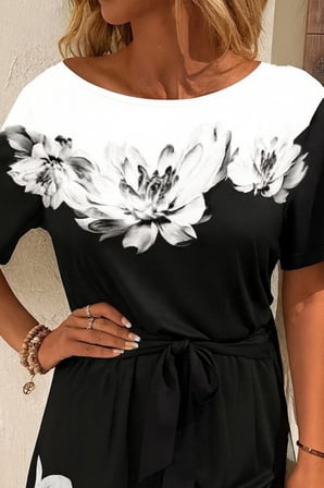 MODA ŞEHRİ Kadın Tek Omuzu Açık çiçek Desenli Beli Kuşaklı Iki Iplik Mini Short Tulum