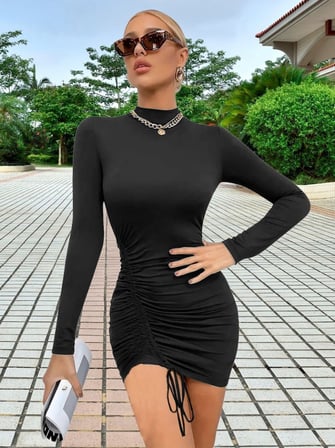 MODA ŞEHRİ Kadın Uzun Kol Sağ Belden Sol Etek Ucuna Doğru Hafif çapraz Büzgülü Sandy Mini Boy Elbise