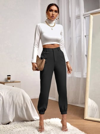 MODA ŞEHRİ Kadın Yüksek Bel Cepli Paçası Lastikli Ithal Krep Pantolon