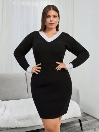 MODA ŞEHRİ Kadın Uzun Kollu V Yakalı Kısa Triko Elbise