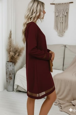 MODA ŞEHRİ Kadın Uzun Kollu V Yakalı Tül şerit Detaylı Mini Krep Elbise