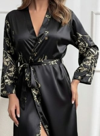 MODA ŞEHRİ Kadın Uzun Kollu V Yakalı çiçek Baskılı Belden Kuşaklı Midi Saten Gecelik