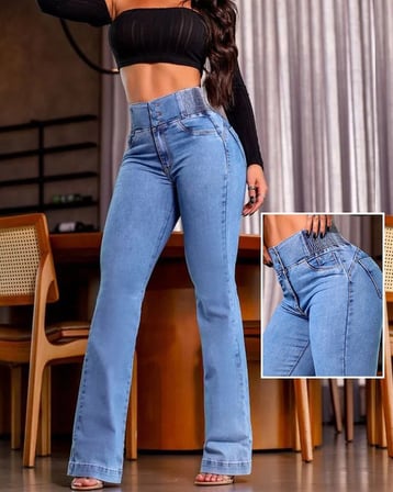 MODA ŞEHRİ Kadın Yüksek Bel Yanları Lastik önü Düğmeli Kot Pantolon