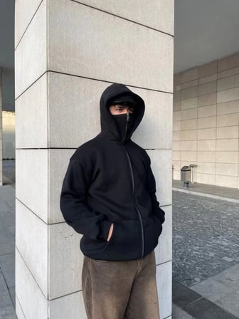 MODA ŞEHRİ Samuray Ninja Çift Kapşonlu ZIP Fermuarlı Kanguru Çepli Tam Fermuarlı Hoodie Swetshirt - Siyah