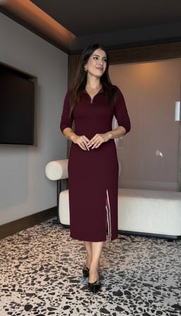 MODA ŞEHRİ Kadın Uzun Kollu Balıkçı Yaka önden Fermuarlı Yırtmaçlı Midi Viskon Iki Iplik Elbise