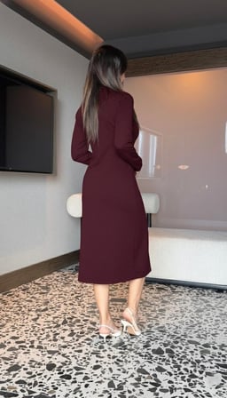 MODA ŞEHRİ Kadın Uzun Kollu Balıkçı Yaka önden Fermuarlı Yırtmaçlı Midi Viskon Iki Iplik Elbise