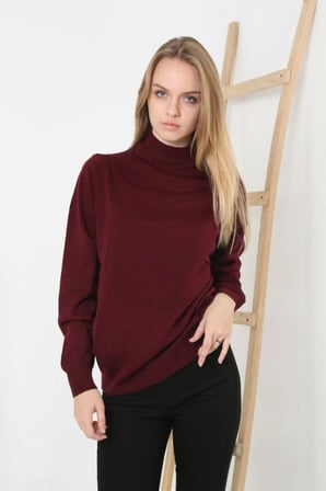 MODA ŞEHRİ Yarım Boğaz Triko Kazak Yumuşak Dokulu Pamuklu Ince Dokuma, Uzun Kollu Rahat Regular Kalıp - Bordo