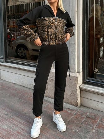 MODA ŞEHRİ Kadın Uzun Kollu Kapşonlu Leopar Desenli Viskon Iki Iplik Bluz Ve Pantolon Ikili Takım