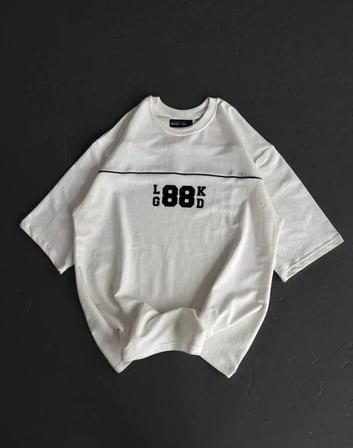 MODA ŞEHRİ Unisex Bisiklet Yaka Baskılı Oversize T-Shirt - Beyaz