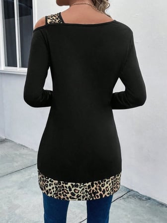 MODA ŞEHRİ Kadın Tek O Uzdan Açık Askılı Uzun Kollu Leopar Detaylı Viskon Bluz