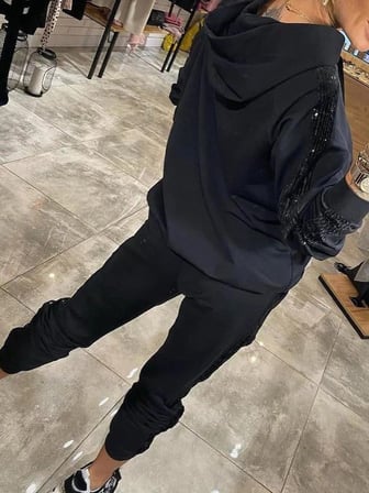 MODA ŞEHRİ Kadın Uzun Kollu Kapşonlu Pulpayet Detay Viskon Iki Iplik Bluz Ve Pantolon Ikili Takım