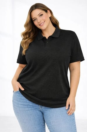 MODA ŞEHRİ Pike Kumaş Düğmeli Yaka Battal Büyük Beden Günlük Kısa Kol Tişört T-shirt - Siyah
