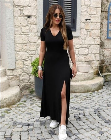 MODA ŞEHRİ Kadın Kısa Kollu V Yakalı Maksi Boy Viskon Elbise