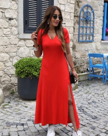MODA ŞEHRİ Kadın Kısa Kollu V Yakalı Maksi Boy Viskon Elbise
