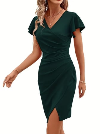 MODA ŞEHRİ Kadın Kısa Kollu Volanlı Kruvaze Yaka Yanlardan Büzgülü Ithal Krep Elbise
