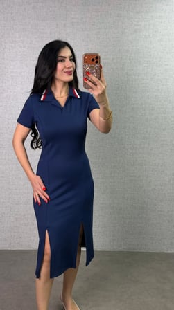 MODA ŞEHRİ Kadın Polo Yaka çift Yırtmaç Detay Modal Kumaş Midi Boy Elbise