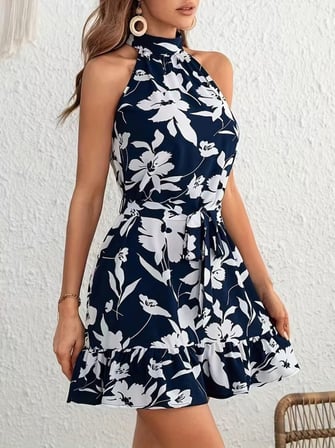 MODA ŞEHRİ Kadın Omuzlardan Açık Balıkçı Yakalı Kuşaklı Desenli Kısa Süprem Elbise