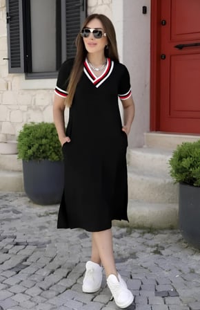 MODA ŞEHRİ Kadın Kısa Kollu V Yaka Ribana Detay Midiboy Viskon Elbise