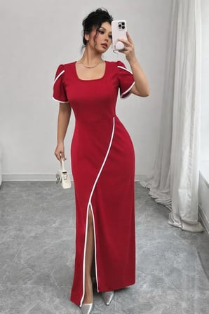 MODA ŞEHRİ Kadın Kısa Kollu Kare Yakalı önden çapraz Kesim Detaylı Krep Elbise