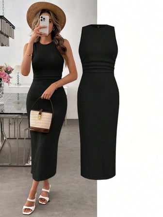MODA ŞEHRİ Kadın Askılı Bisiklet Yaka Beli Büzgülü Uzun Bürümcük Elbise