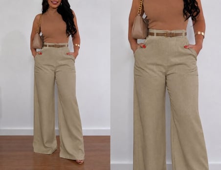 MODA ŞEHRİ Kadın Yüksek Bel Geniş Paça Detaylı Cepli Ithal Krep Pantolon