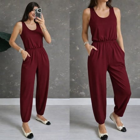 MODA ŞEHRİ Kadın Askılı Yuvarlak Yakalı Cepli Viskon Tulum