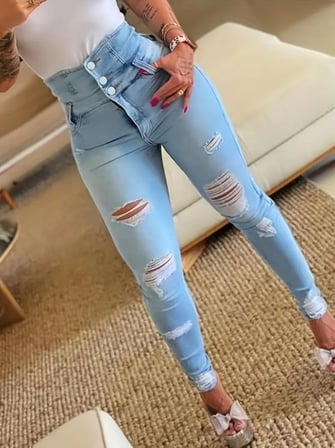 MODA ŞEHRİ Kadın Yüksek Belli önden Düğmeli Yırtık Detaylı Kot Pantolon