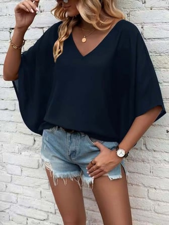 MODA ŞEHRİ Kadın Kısa Kollu V Yakalı Salaş Viskon Bluz