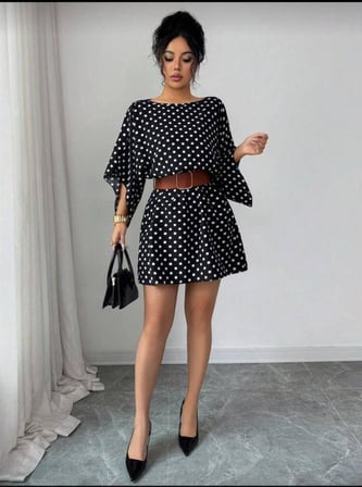 MODA ŞEHRİ Kadın Puantiyeli örme Krep Mini Elbise (kemersiz)