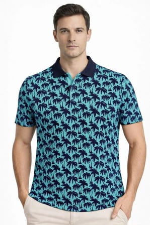 MODA ŞEHRİ Erkek Pike Kumaş Polo Yaka Palmiye Desenli Tişört Kısa Kol Yazlık T-Shirt - Turkuaz