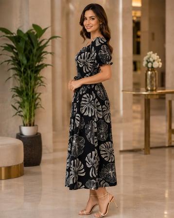 MODA ŞEHRİ Kadın Kısa Kollu V Yakalı Desenli Yandan Yırtmaçlı Süprem Elbise