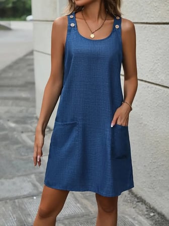 MODA ŞEHRİ Kadın Kolsuz Kalın Askılı Düğme Detay Cepli Keten Elbise