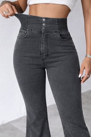 MODA ŞEHRİ Kadın Yüksek Bel Yanları Lastik önü Düğmeli Kot Pantolon