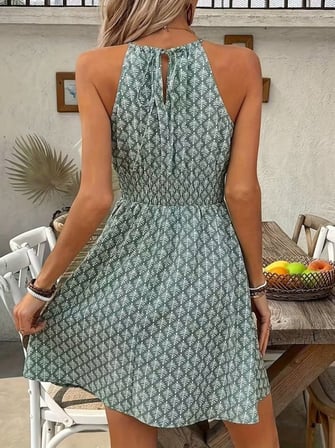 MODA ŞEHRİ Kadın Omuzlardan Açık Boyun Arkasından Bağcıklı Beli Lastikli Kısa Süprem Elbise