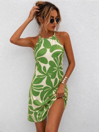 MODA ŞEHRİ Kadın Omuzlardan Acık Halter Yaka Kesimli Kısa Desenli Süprem Elbise