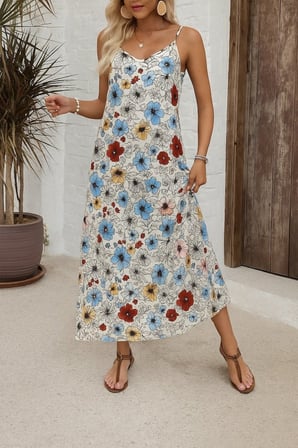 MODA ŞEHRİ Kadın Ip Askılı Geniş V Yakalı Desenli Süprem Elbise