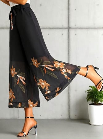 MODA ŞEHRİ Kadın Yüksel Bel Belinde Kuşak Detaylı çiçek Baskılı Astarlı şifon Pantolon