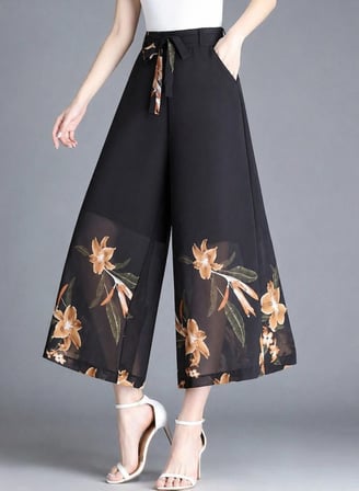 MODA ŞEHRİ Kadın Yüksel Bel Belinde Kuşak Detaylı çiçek Baskılı Astarlı şifon Pantolon