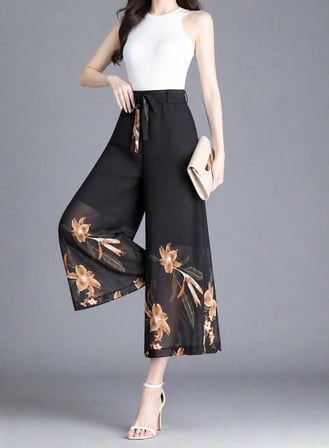 MODA ŞEHRİ Kadın Yüksel Bel Belinde Kuşak Detaylı çiçek Baskılı Astarlı şifon Pantolon