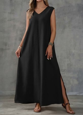 MODA ŞEHRİ Kadın Askılı V Yakalı Yandan Yırtmaçlı Uzun Bürümcük Elbise