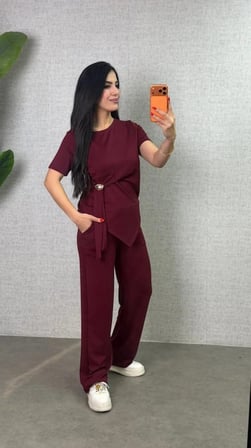 MODA ŞEHRİ Kadın Kısa Kollu Bisiklet Yaka Yandan Toka Detaylı Viskon Iki Iplik Bluz Ve Pantolon Ikili Takım