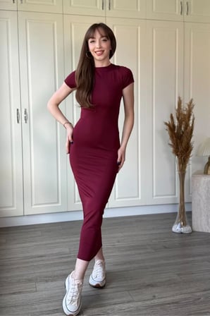MODA ŞEHRİ Kadın Düşük Omuz Bağcık Detaylı Midi Boy Elbise