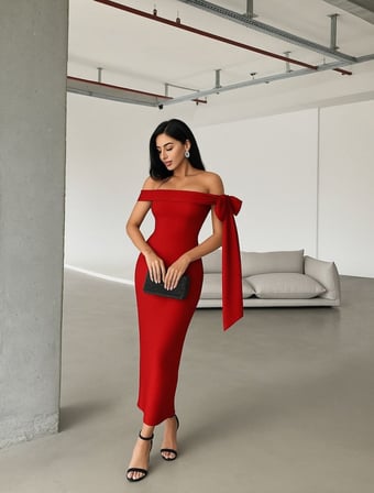 MODA ŞEHRİ Kadın Omuz Dekolte Kurdele Detay Uzun Krep Elbise