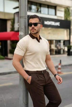 MODA ŞEHRİ Erkek Yaka Detaylı Desen Dokulu Triko Tişört