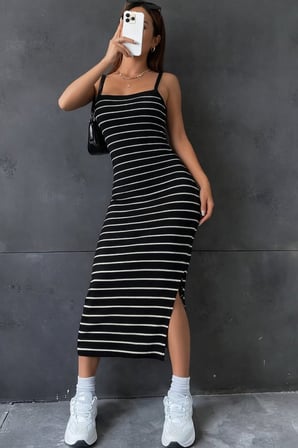 MODA ŞEHRİ Kadın Askılı Yandan Yırtmaçlı Uzun Ottoman Elbise