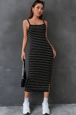 MODA ŞEHRİ Kadın Askılı Yandan Yırtmaçlı Uzun Ottoman Elbise