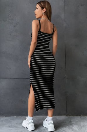 MODA ŞEHRİ Kadın Askılı Yandan Yırtmaçlı Uzun Ottoman Elbise